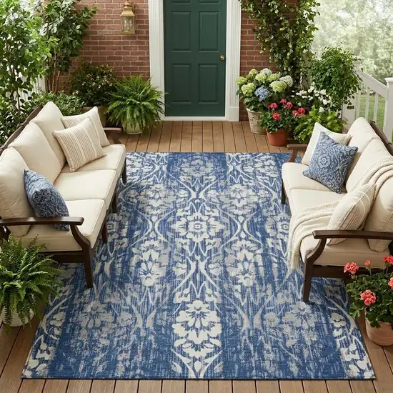Navy Blue And Blue Damask Washable Indoor Outdoor Area Rug Photo 1