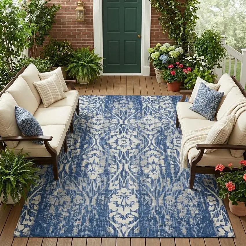 Navy Blue And Blue Damask Washable Indoor Outdoor Area Rug Photo 1
