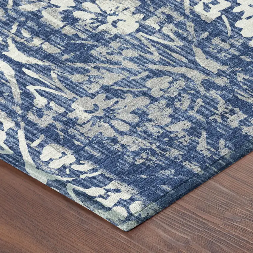 Navy Blue And Blue Damask Washable Indoor Outdoor Area Rug Photo 5
