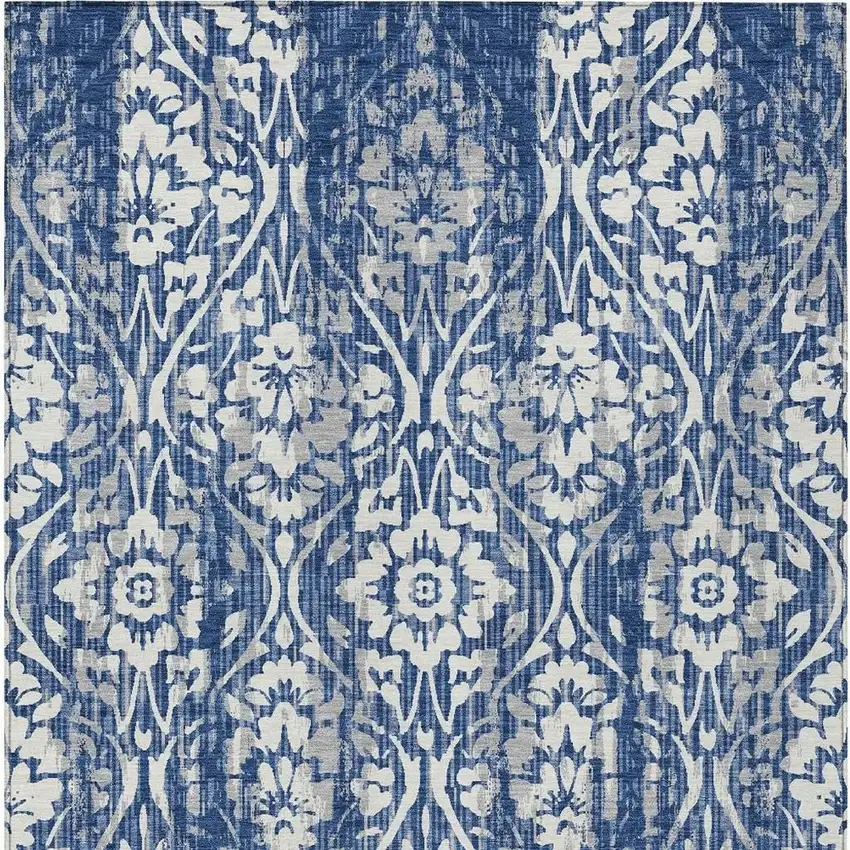 Navy Blue And Blue Damask Washable Indoor Outdoor Area Rug Photo 4