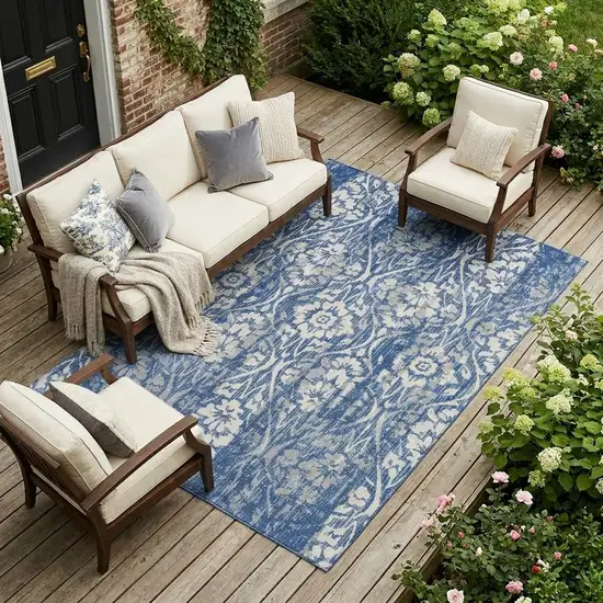 Navy Blue And Blue Damask Washable Indoor Outdoor Area Rug Photo 1