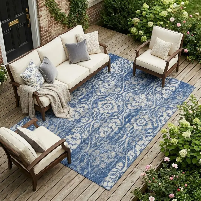 Navy Blue And Blue Damask Washable Indoor Outdoor Area Rug Photo 1