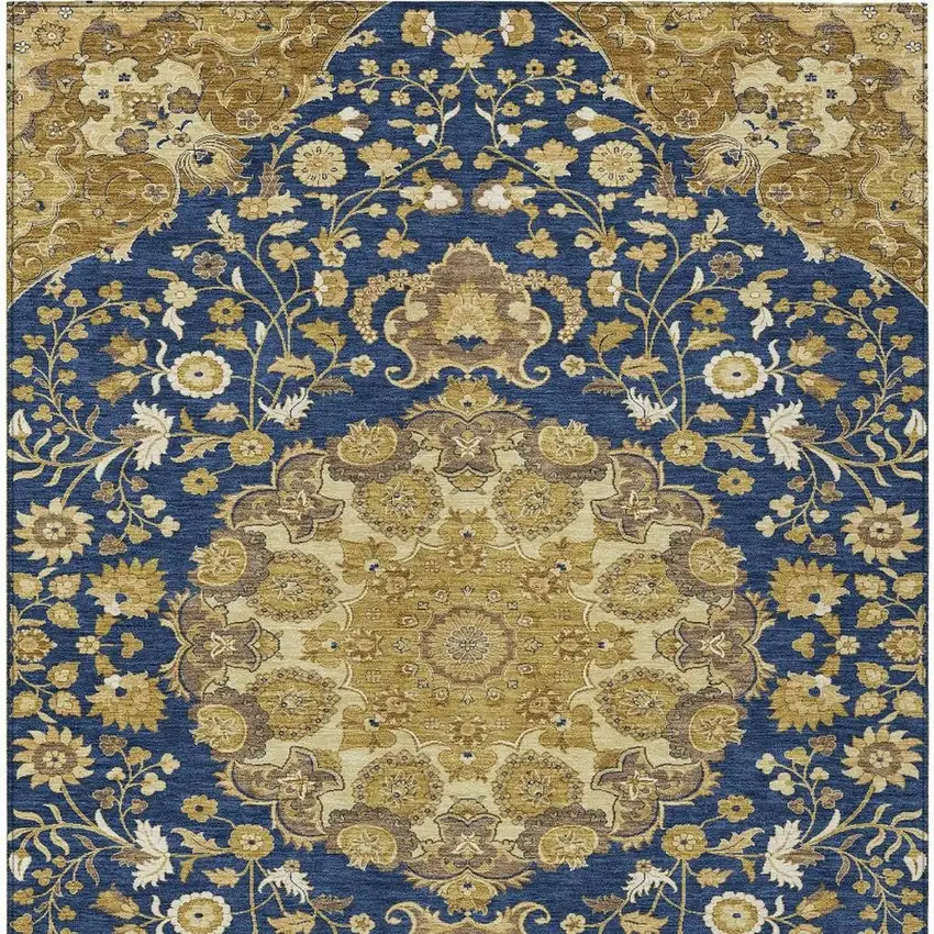 Navy Blue And Blue Damask Washable Indoor Outdoor Area Rug Photo 2