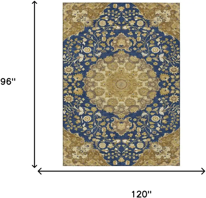 Navy Blue And Blue Damask Washable Indoor Outdoor Area Rug Photo 6