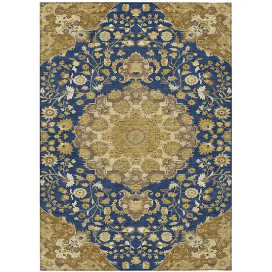 Navy Blue And Blue Damask Washable Indoor Outdoor Area Rug Photo 1