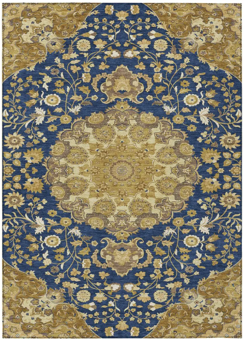 Navy Blue And Blue Damask Washable Indoor Outdoor Area Rug Photo 1