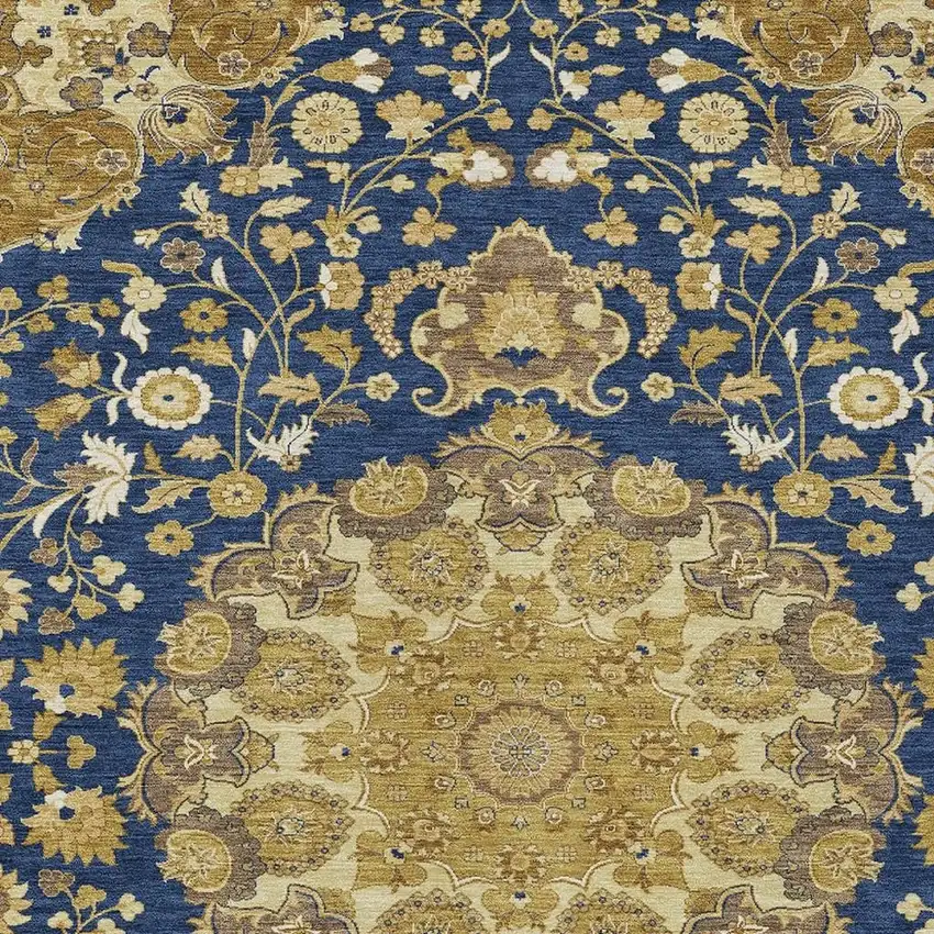 Navy Blue And Blue Damask Washable Indoor Outdoor Area Rug Photo 2