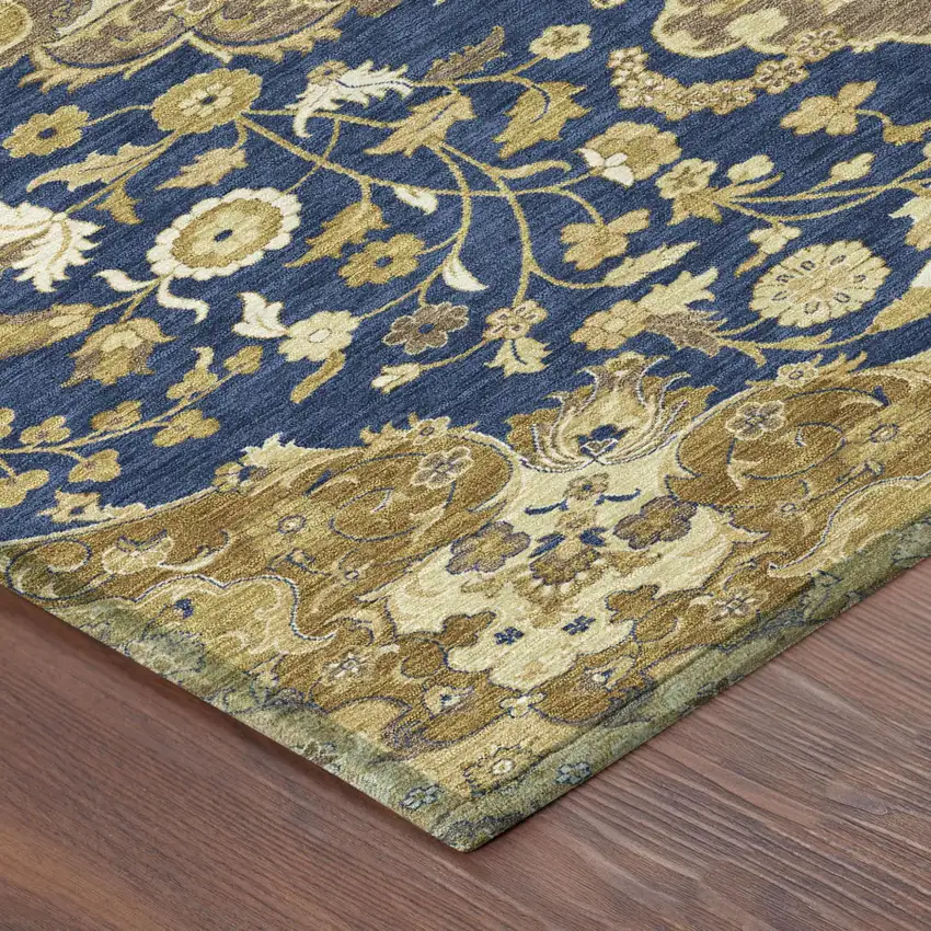 Navy Blue And Blue Damask Washable Indoor Outdoor Area Rug Photo 4