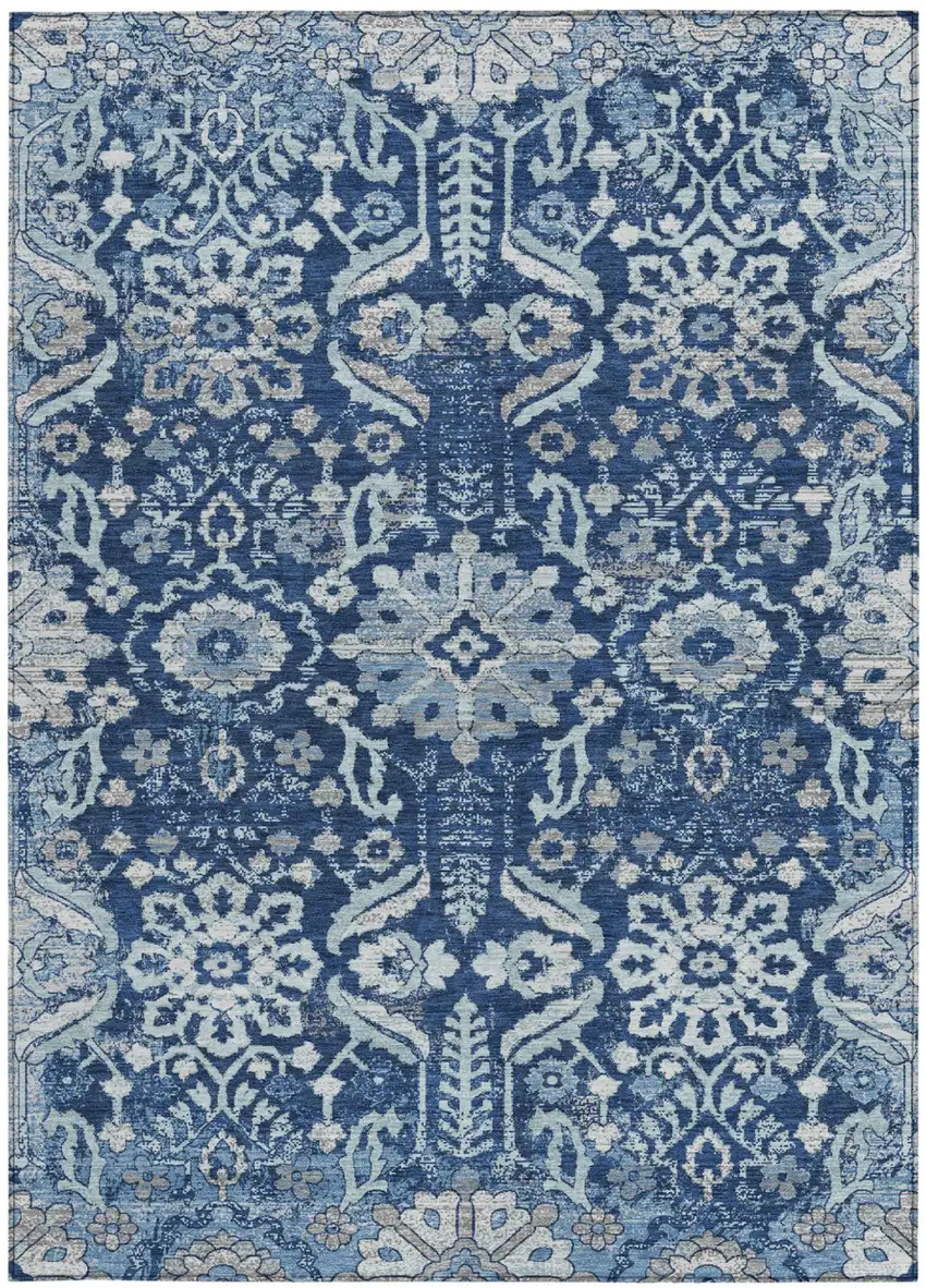 Navy Blue And Blue Damask Washable Indoor Outdoor Area Rug Photo 3