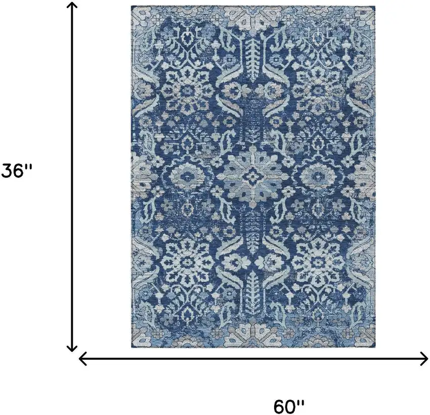 Navy Blue And Blue Damask Washable Indoor Outdoor Area Rug Photo 6