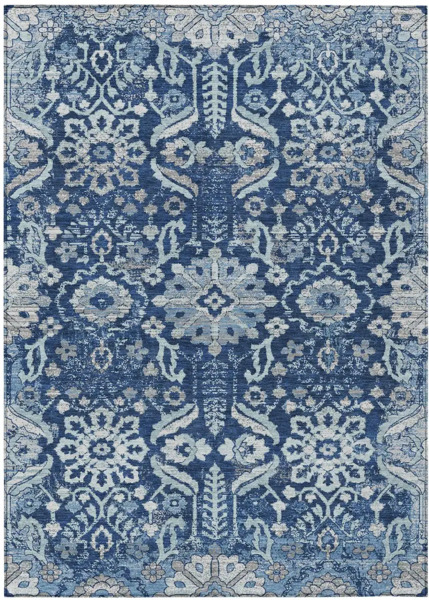 Navy Blue And Blue Damask Washable Indoor Outdoor Area Rug Photo 1