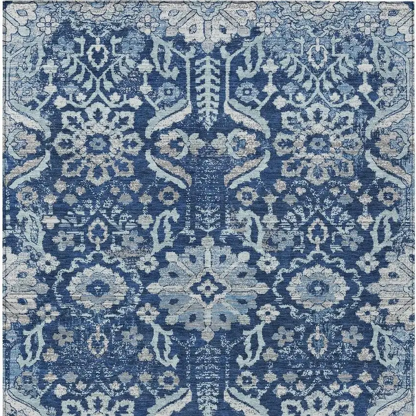 Navy Blue And Blue Damask Washable Indoor Outdoor Area Rug Photo 1