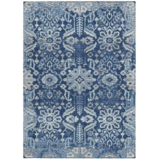 Navy Blue And Blue Damask Washable Indoor Outdoor Area Rug Photo 3