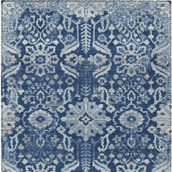 Navy Blue And Blue Damask Washable Indoor Outdoor Area Rug Photo 3