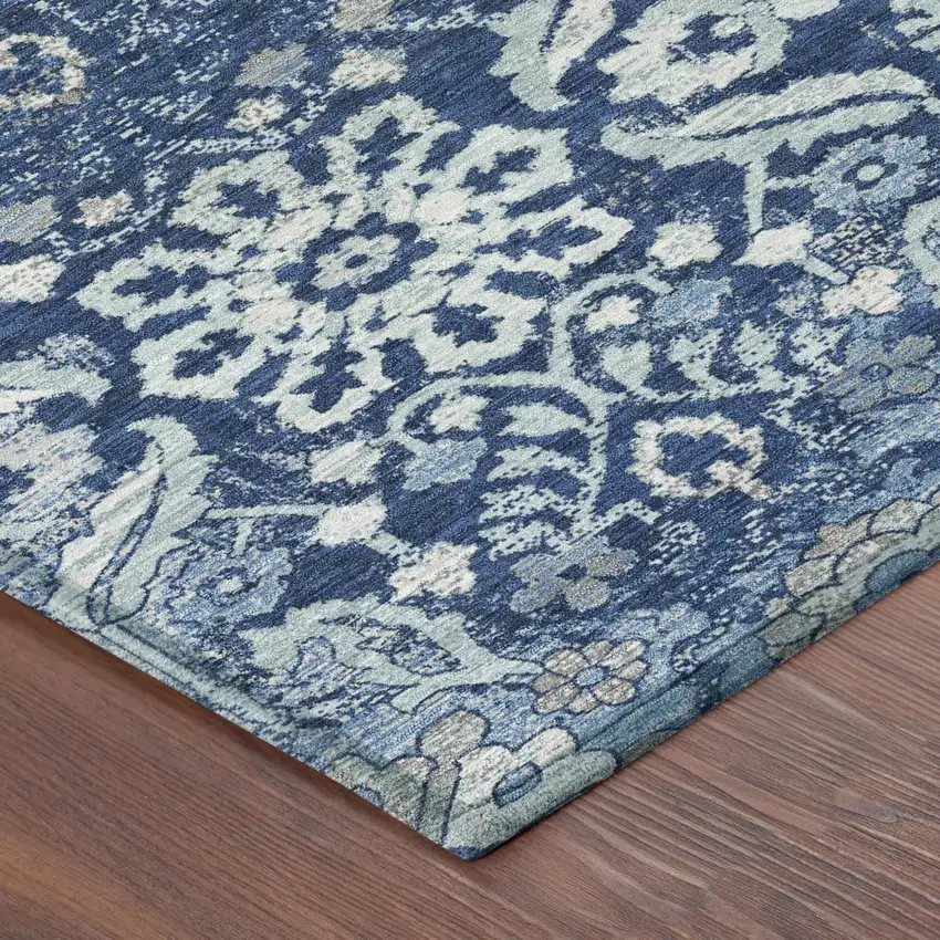 Navy Blue And Blue Damask Washable Indoor Outdoor Area Rug Photo 4
