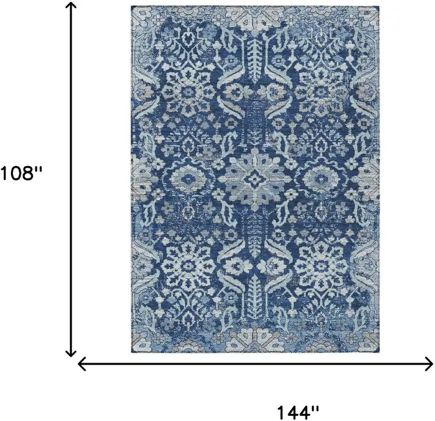 Navy Blue And Blue Damask Washable Indoor Outdoor Area Rug Photo 6