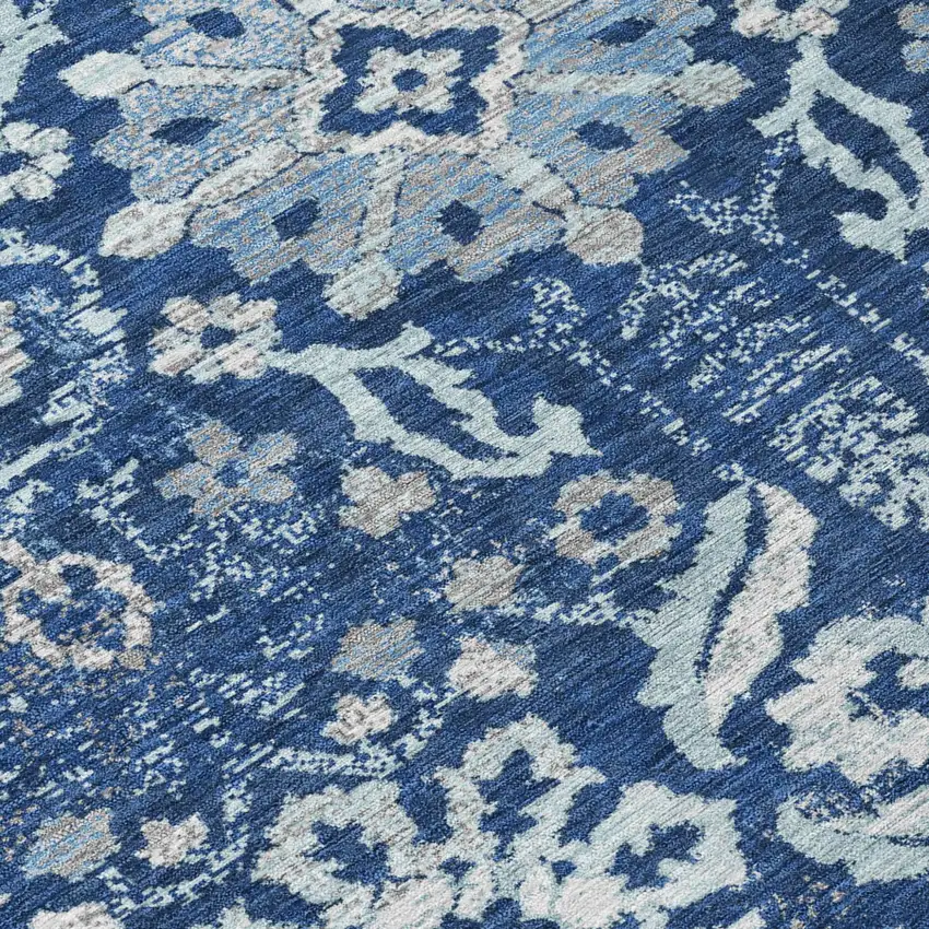 Navy Blue And Blue Damask Washable Indoor Outdoor Area Rug Photo 5