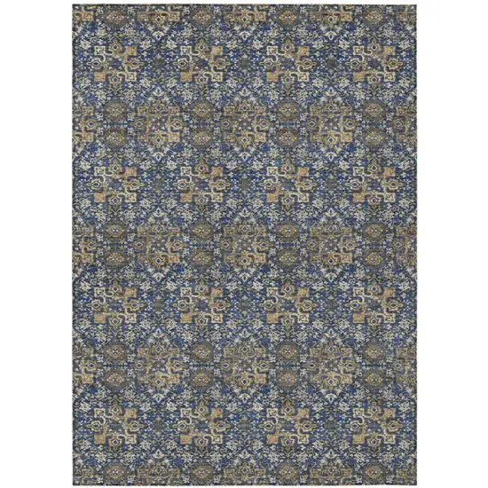 Navy Blue And Blue Damask Washable Indoor Outdoor Area Rug Photo 2