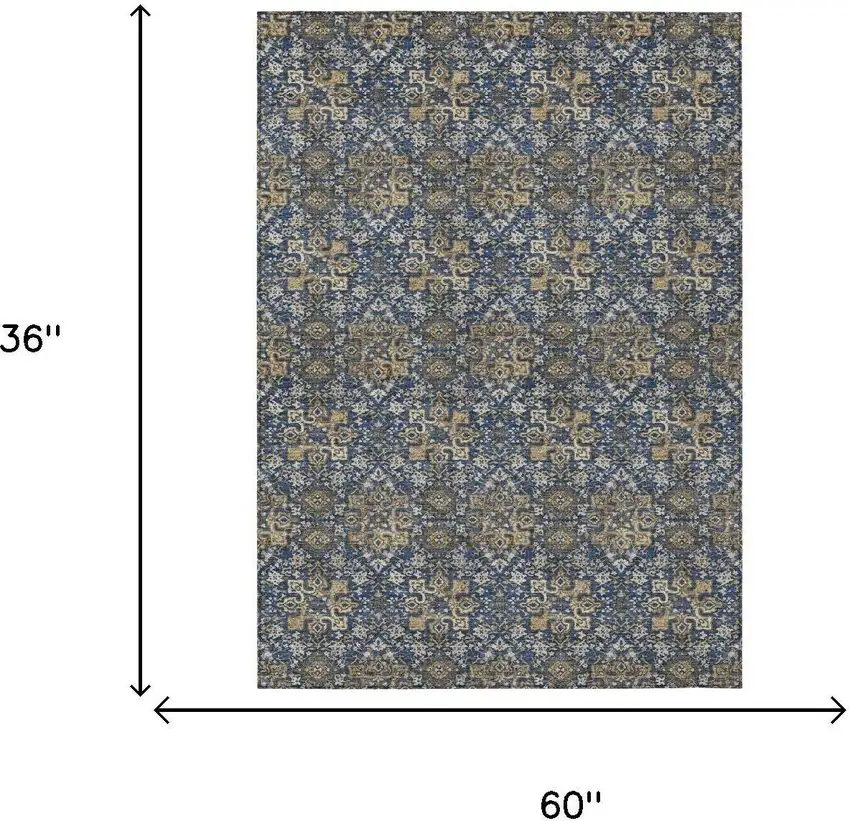 Navy Blue And Blue Damask Washable Indoor Outdoor Area Rug Photo 5