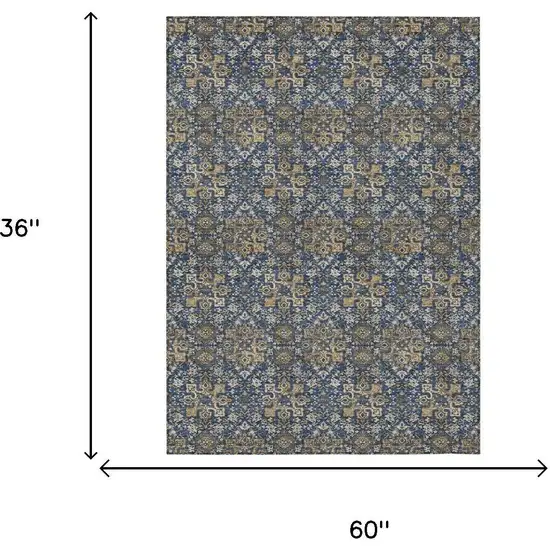 Navy Blue And Blue Damask Washable Indoor Outdoor Area Rug Photo 5