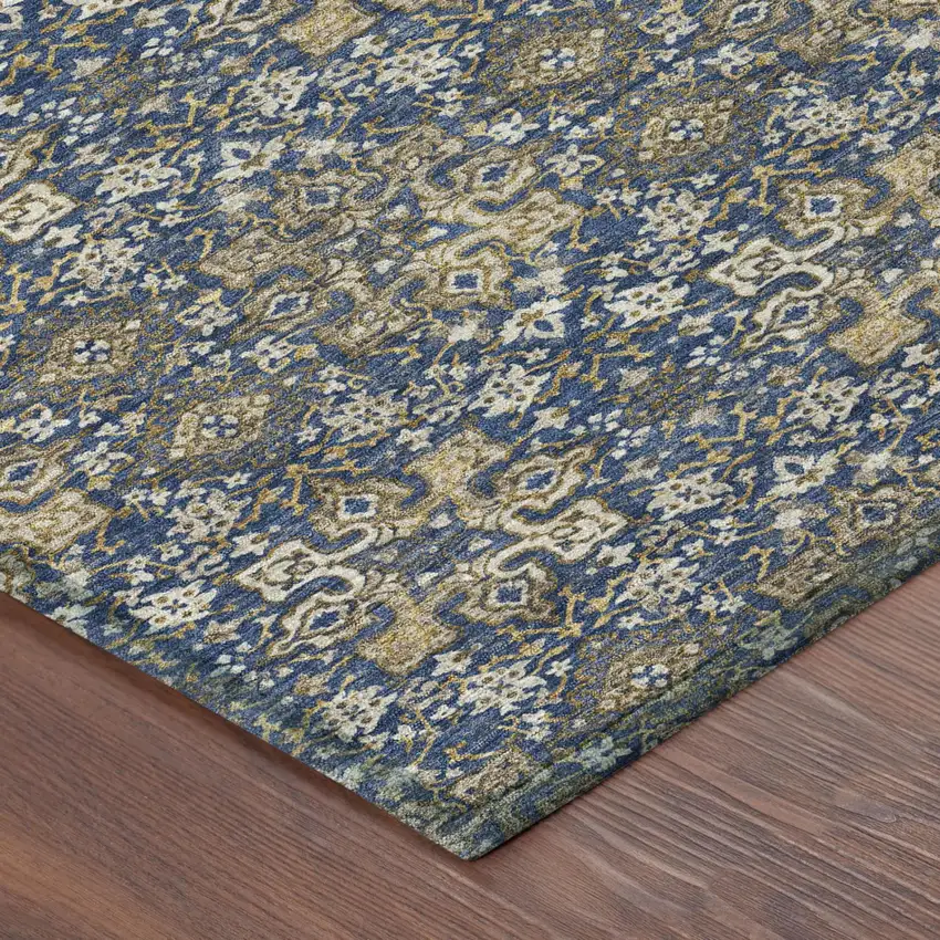 Navy Blue And Blue Damask Washable Indoor Outdoor Area Rug Photo 3