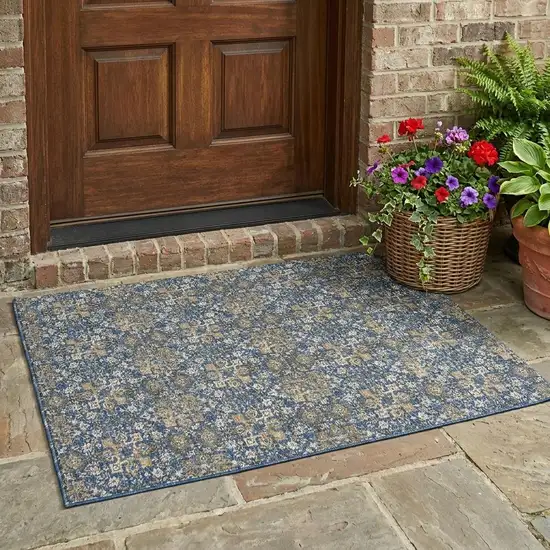 Navy Blue And Blue Damask Washable Indoor Outdoor Area Rug Photo 1