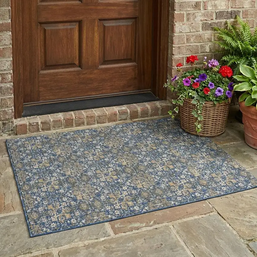 Navy Blue And Blue Damask Washable Indoor Outdoor Area Rug Photo 1