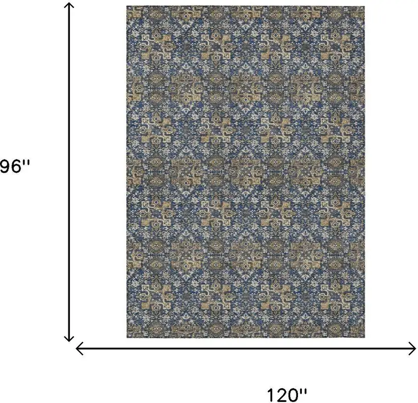 Navy Blue And Blue Damask Washable Indoor Outdoor Area Rug Photo 5