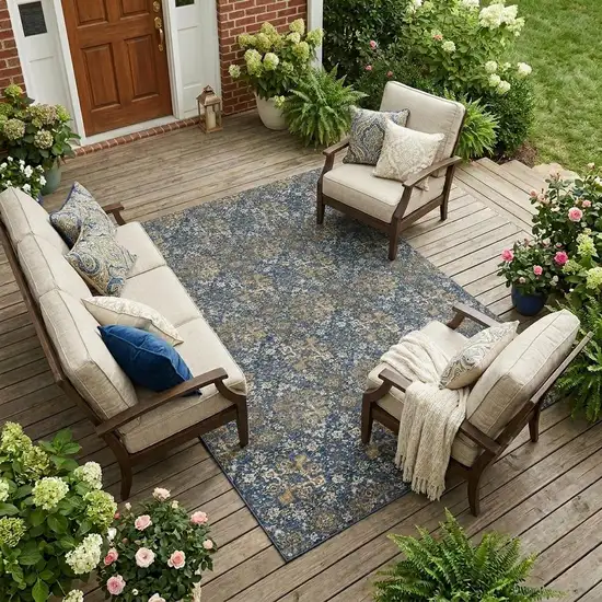 Navy Blue And Blue Damask Washable Indoor Outdoor Area Rug Photo 1