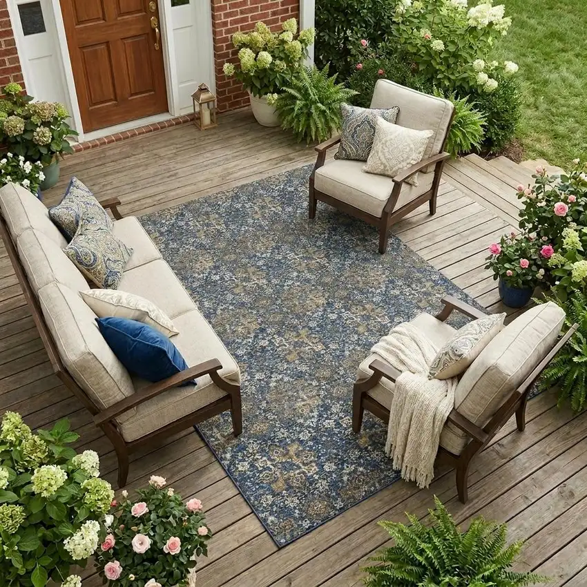 Navy Blue And Blue Damask Washable Indoor Outdoor Area Rug Photo 1
