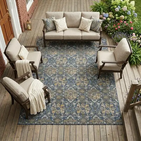 Navy Blue And Blue Damask Washable Indoor Outdoor Area Rug Photo 1