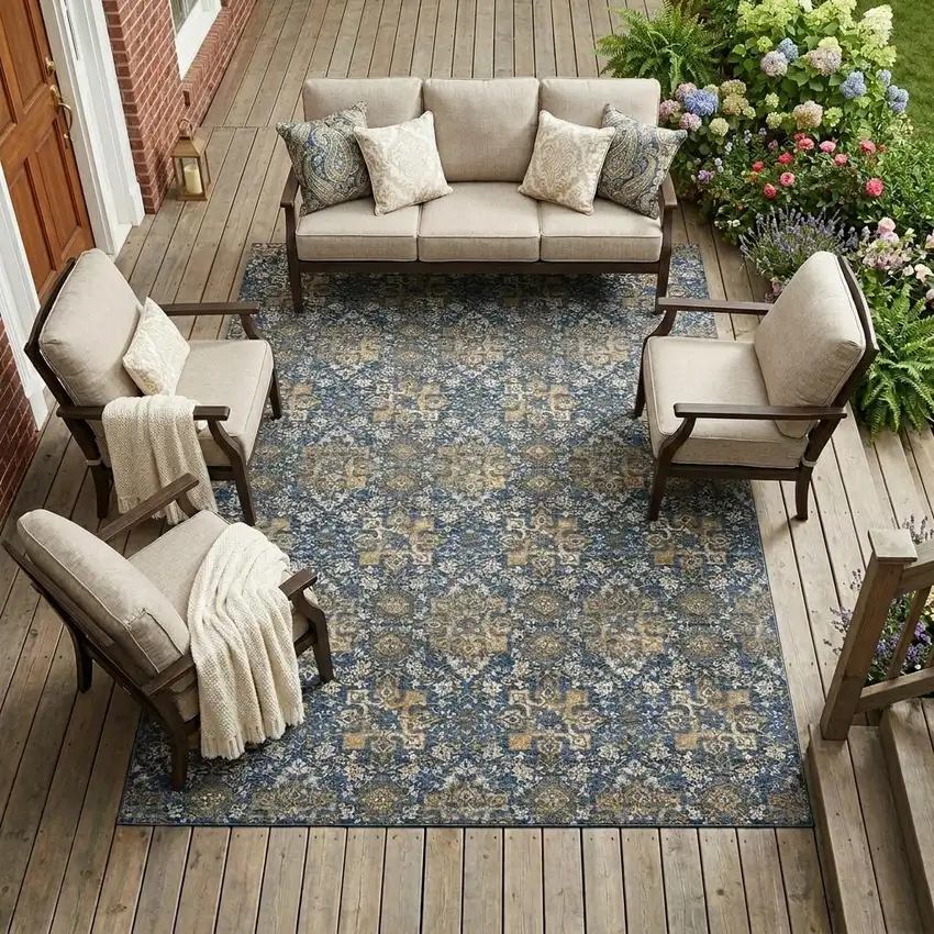 Navy Blue And Blue Damask Washable Indoor Outdoor Area Rug Photo 1