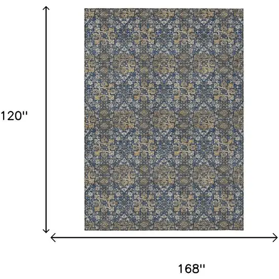 Navy Blue And Blue Damask Washable Indoor Outdoor Area Rug Photo 5