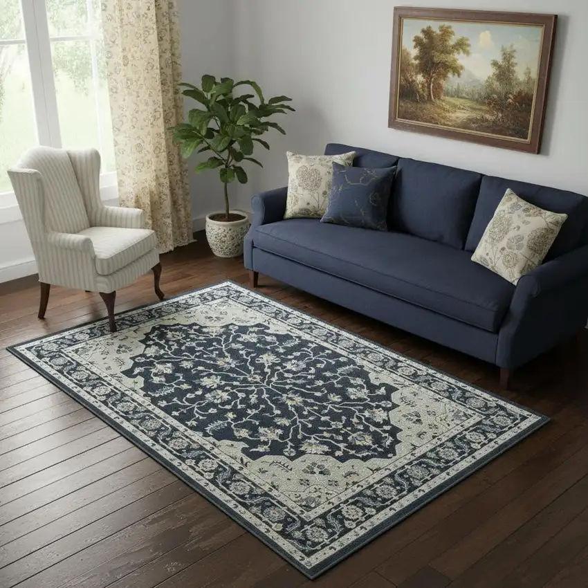 Navy Blue And Blue Floral Area Rug Photo 1