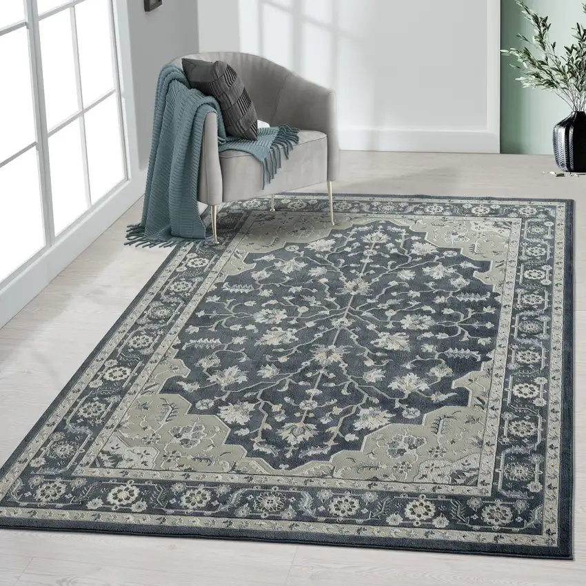 Navy Blue And Blue Floral Area Rug Photo 7
