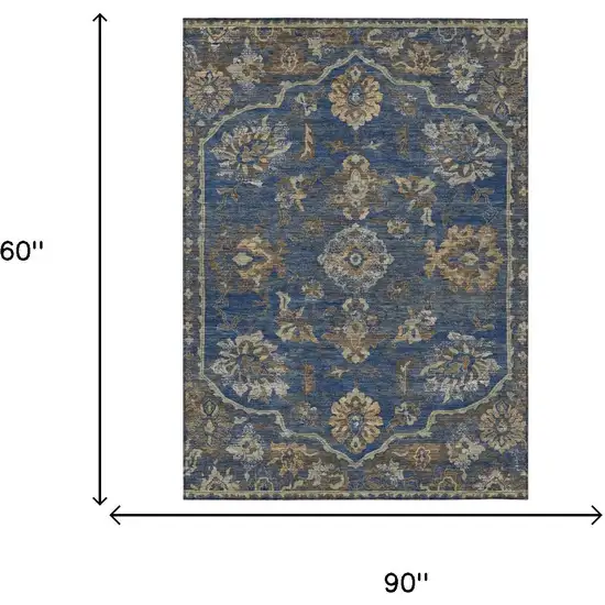 Navy Blue And Blue Floral Medallion Washable Indoor Outdoor Area Rug Photo 5
