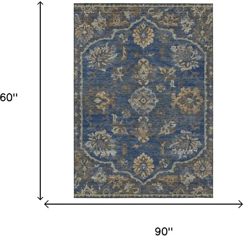 Navy Blue And Blue Floral Medallion Washable Indoor Outdoor Area Rug Photo 5