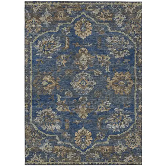 Navy Blue And Blue Floral Medallion Washable Indoor Outdoor Area Rug Photo 2