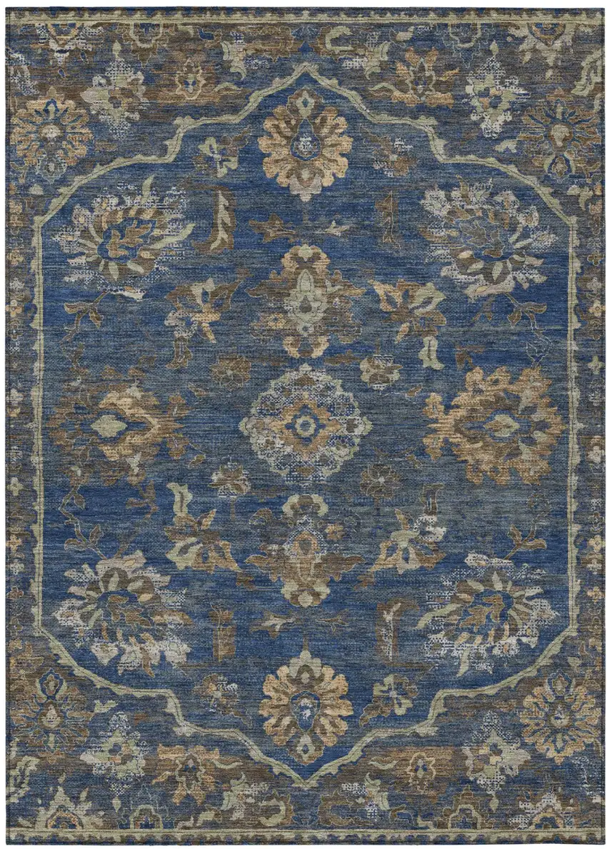 Navy Blue And Blue Floral Medallion Washable Indoor Outdoor Area Rug Photo 2