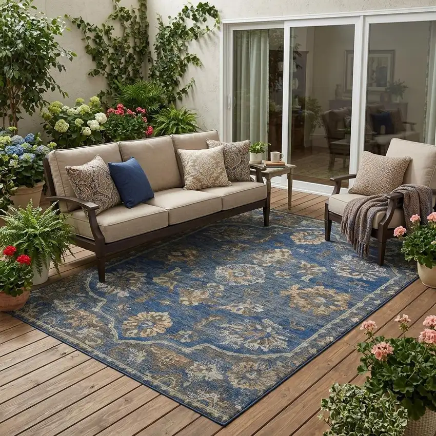 Navy Blue And Blue Floral Medallion Washable Indoor Outdoor Area Rug Photo 1