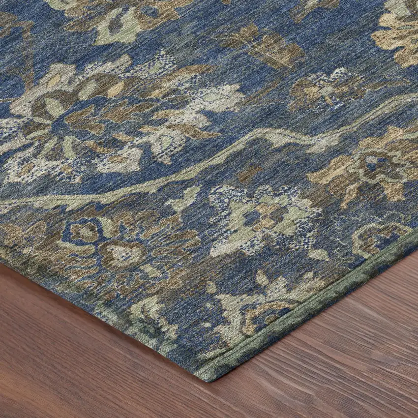 Navy Blue And Blue Floral Medallion Washable Indoor Outdoor Area Rug Photo 3
