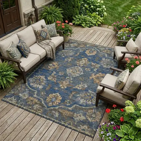 Navy Blue And Blue Floral Medallion Washable Indoor Outdoor Area Rug Photo 1
