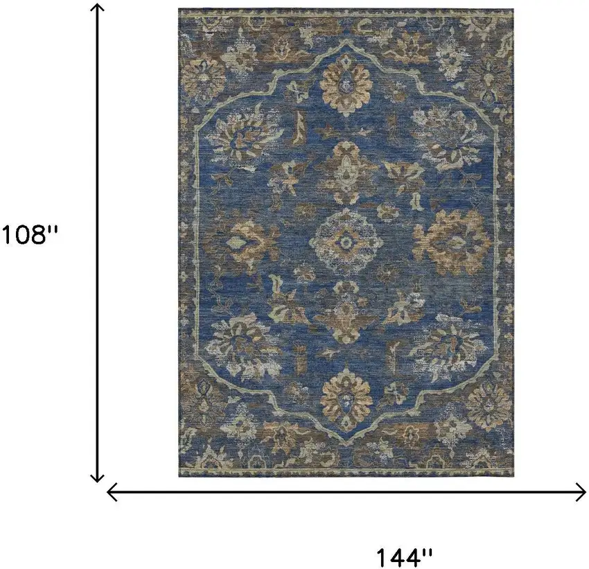 Navy Blue And Blue Floral Medallion Washable Indoor Outdoor Area Rug Photo 5