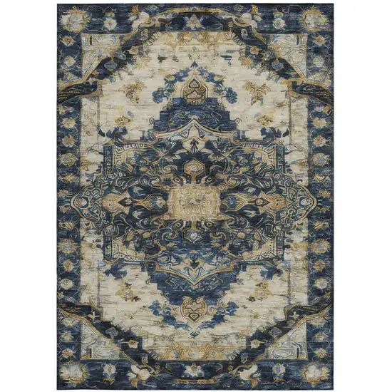 Navy Blue And Blue Floral Medallion Washable Indoor Outdoor Area Rug Photo 2