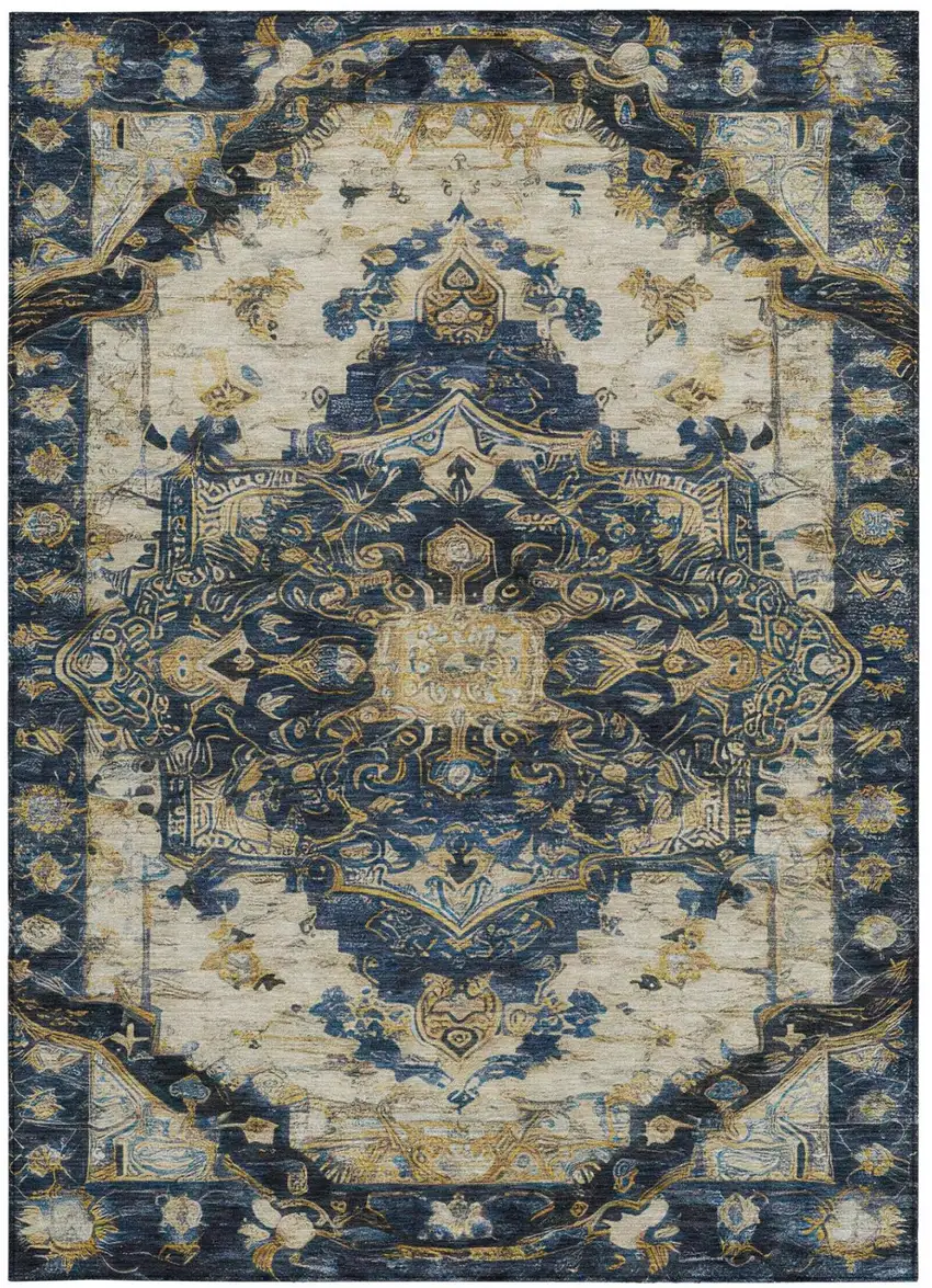 Navy Blue And Blue Floral Medallion Washable Indoor Outdoor Area Rug Photo 2