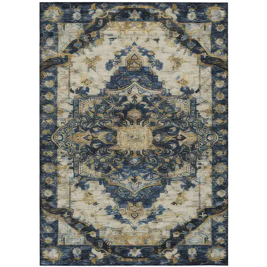 Navy Blue And Blue Floral Medallion Washable Indoor Outdoor Area Rug Photo 3