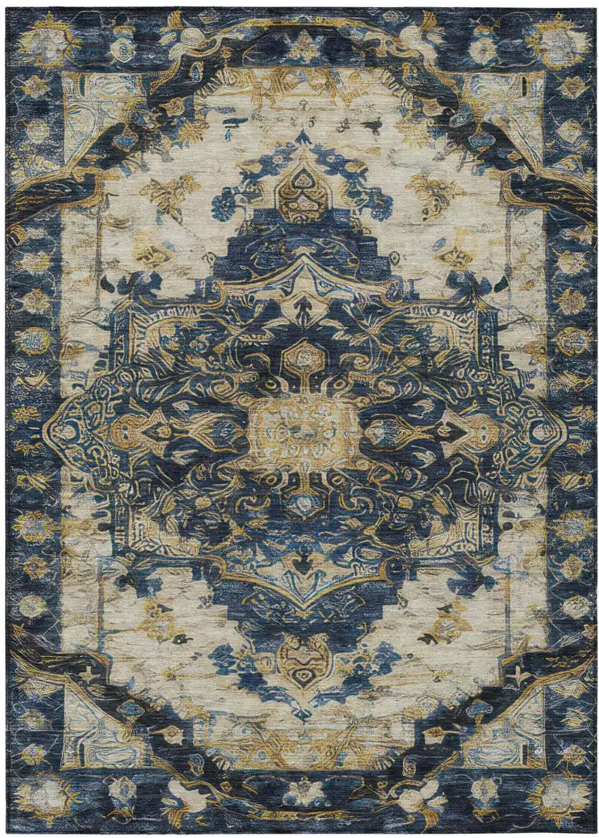 Navy Blue And Blue Floral Medallion Washable Indoor Outdoor Area Rug Photo 3
