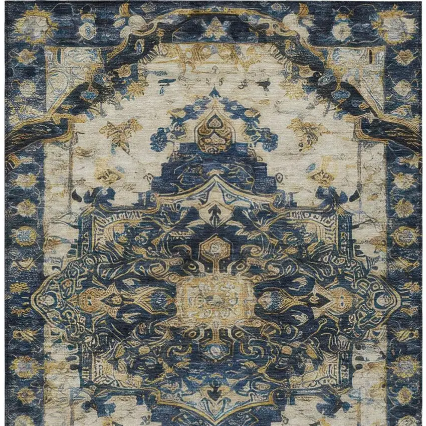 Navy Blue And Blue Floral Medallion Washable Indoor Outdoor Area Rug Photo 7