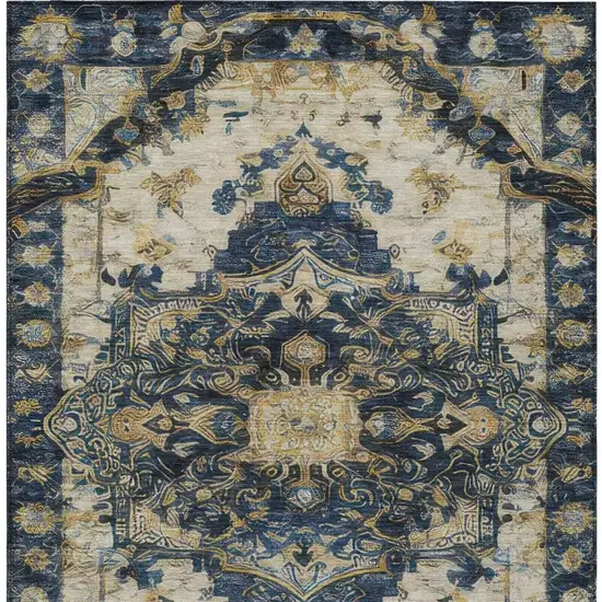 Navy Blue And Blue Floral Medallion Washable Indoor Outdoor Area Rug Photo 8
