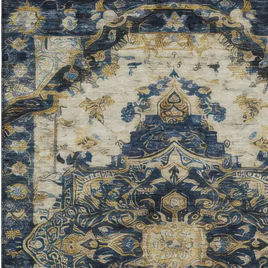 Navy Blue And Blue Floral Medallion Washable Indoor Outdoor Area Rug Photo 6